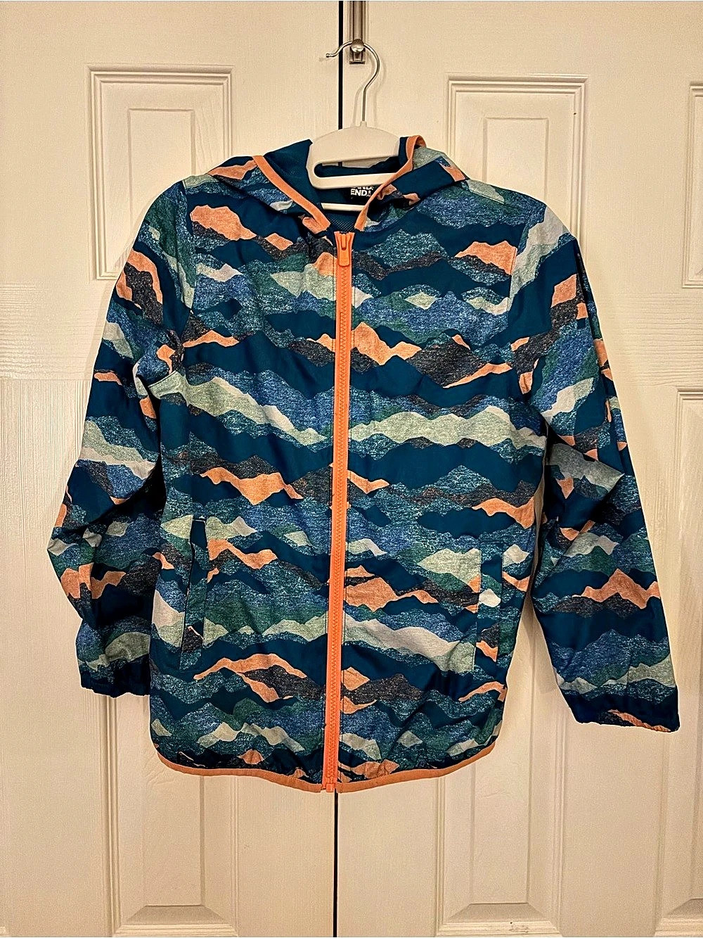 Lands' End Kids Hooded Water Resistant Rain Jacket Blue & Green